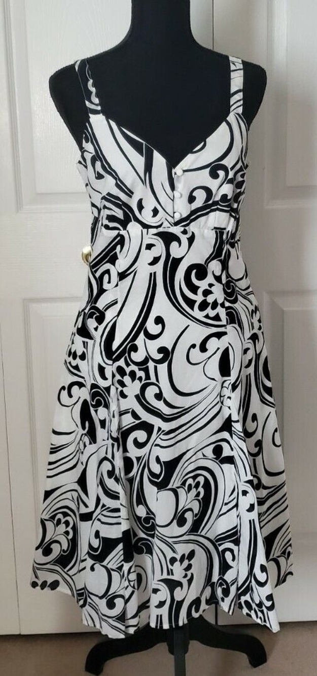 Apt. 9 Womens Sz 10 Sleeveless Cotton White Black Floral Fit & Flare Swing Dress